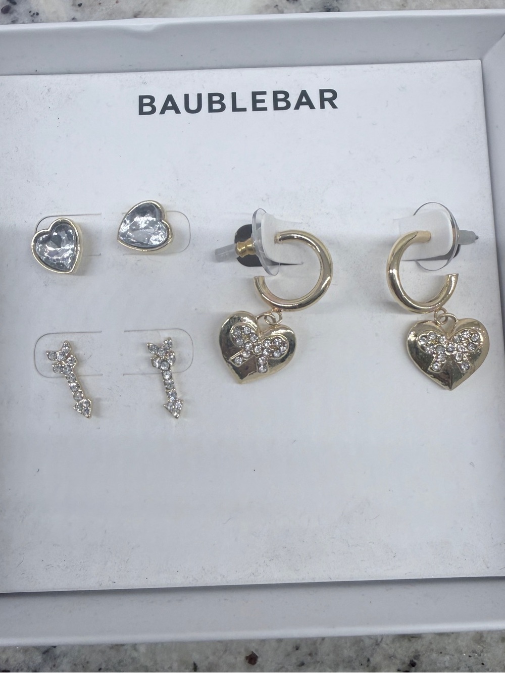 BaubleBar Gold and Clear Crystal Heart & Key Earring Set